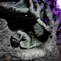 Indigenous man with tree in the salt mine with the Catedral de Sal